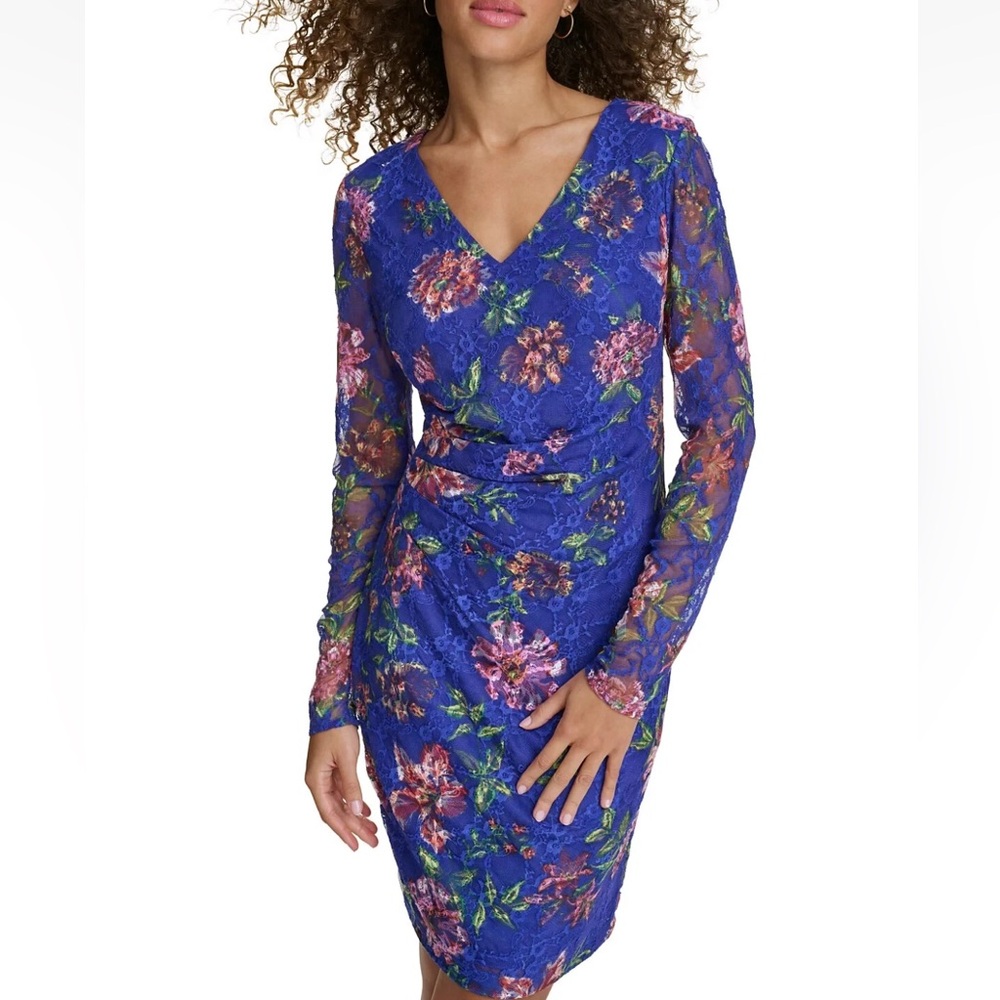 SIENA FLORAL PRINT LACE OVERLAY RUCHED WAIST BODYCON DRESS PINKS BLUES SIZE 4